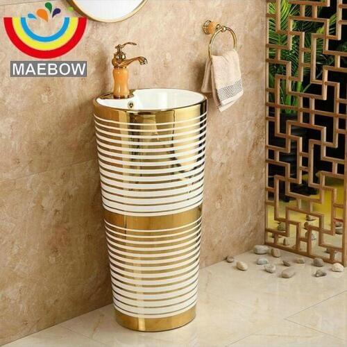 Mosaic Gold Modern Stylish Round Pedestal Sink Ceramic Bathroom Sink With Stand Pedestal Wash Basin