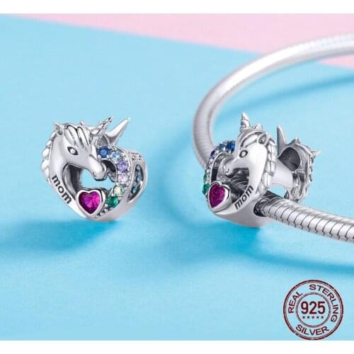 Auffik Unicorn Mom Colorful Zircon Beads fit bangle & Bracelet Charm 925 Sterling Silver Pendant Original Jewelry Making