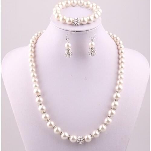 Free shipping 10mm crystal pave ball Cream Glass Pearl necklace bracelet earring jewelry set for holiday gift 3 color