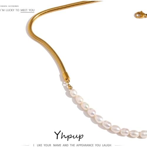 Yhpup 316L Stainless Steel Natural Pearl Chain Necklace Jewelry Temperament Metal 18 K Collar Gold Necklace бижутерия для женщин