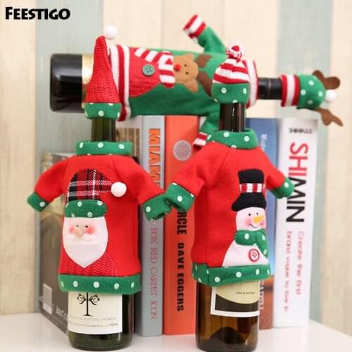 FEESTIGO 3pcs/Lot Christmas Red Wine Bottle Cover Xmas Party Decoration Supplies 2019 Gifts New Year Decor For Home