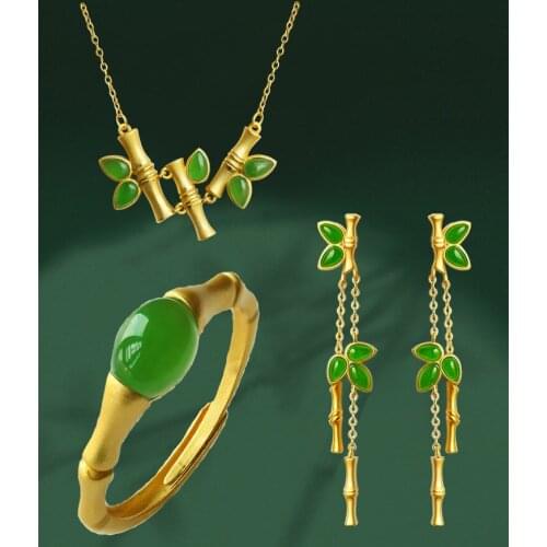 BLACK ANGEL New Khotan Jade Vintage Bamboo Joint Jewelry Set Green Leaf Earrings Necklace Ring for Women Student Wedding Gift