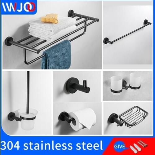 Toilet towel holder set black 304 stainless steel wall mount double towel bar ring Toilet brush bathroom shelves coat hooks