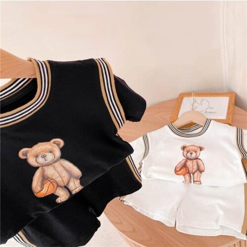 2021 Summer Boys And Girls Pure Cotton Children Cute Bear Fashion Suit Sportswear Striped Shirt Top + Shorts Two-Piece Suit