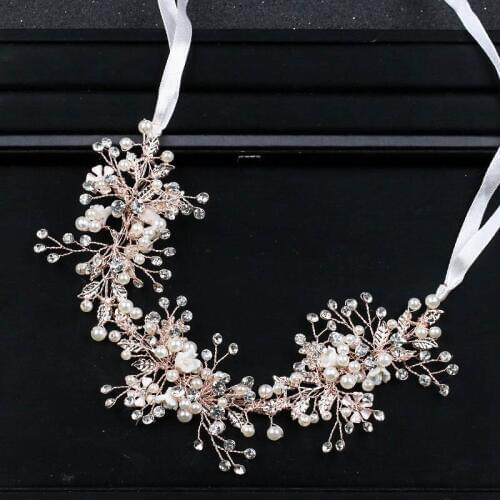 GETNOIVAS Crystal Beads Flower Leaf Ribbon Headband Pearl Bride Headpiece Hair Jewelry Women Wedding Hair Piece Accessories SL