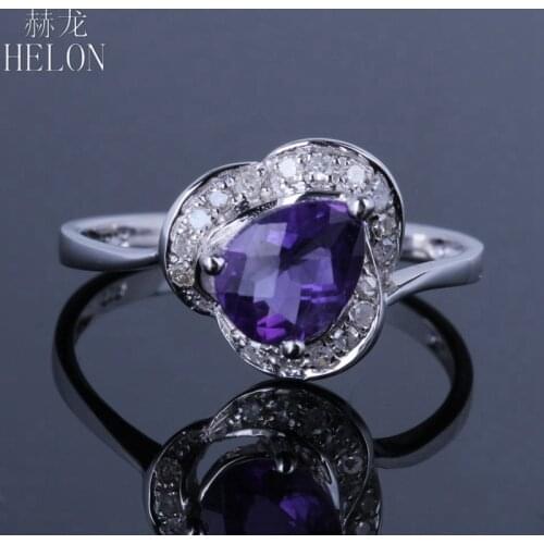 HELON Solid 14K White Gold Pear 6x8mm Genuine Genuine Amethyst Diamond Engagement Wedding Ring Women Anniversar Fine Jewelry