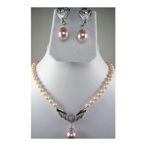 Fancy 7-8MM white Freshwater pearl necklace &pink shell pendant earring set