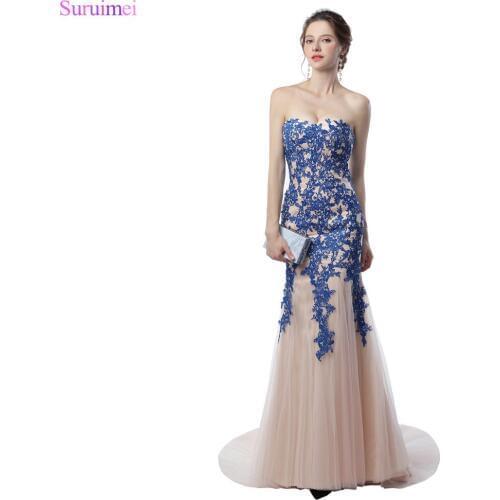 Contrast Color Long Prom Dresses Royal Blue Lace Applique With High Quality Champagne Tulle Mermaid Formal Prom Gown