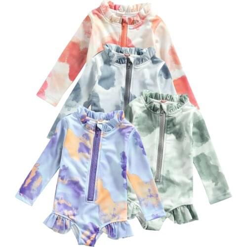 New Children Swimwear Tie-dye Swimsuit, Girls Long Sleeve O-neck Zip-up Swimwear with Ruffles