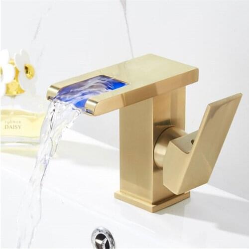 Brushed Gold Basin Faucets Waterfall Hot & Cold Sink Mixer Taps Deck Mounted Single Handle Brass LED Light Water Crane Vessel
