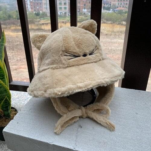 Fashionable Autumn Winter Cat Ear Bucket Hat Cute Plush Fisherman Hat Soft and Warm Thickened Basin Hat Protective Bucket Hat
