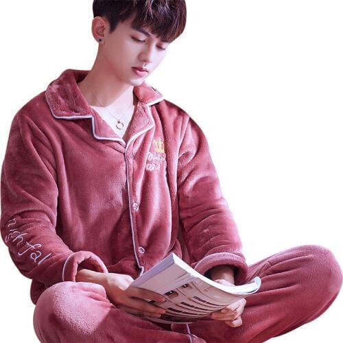 H5885 Sleepwear Men Pajamas Set Male Thickened Flannel Autumn Winter Nightwear Long Sleeve Coral Fleece Large Size Warm Homewear