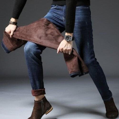 High Street Men Straight Leg Jeans Casual Slim Fit Business Denim Trousers Winter New Thicken Stretch Zipper Jeans Blue/Black