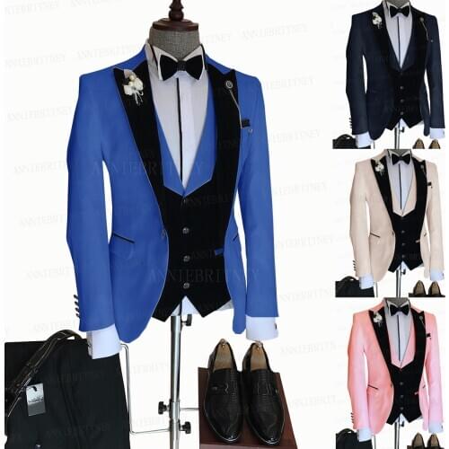 2021 New Designs Royal Blue Men Suit 3 Pieces Slim Fit Custom Formal Men Wedding Prom Suit Jacket Vest Pants Dinner Dress Tuxedo
