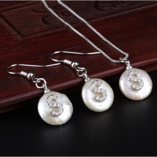 Initial 26 alphabet letter name charm white CZ freshwater pearl gold choker necklace drop earring jewelry set for women