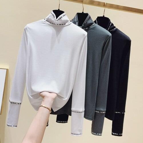 2021 New Womens Cotton T-shirt Long Sleeve Women T shirt Casual Tee Woman T-shirt Turtleneck Print Letter Gray Female Clothing