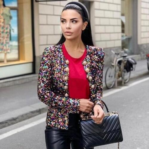 2020 Spring And Autumn New korean sequins embroidery long-sleeved cardigan double breasted fashion short jacket coats female