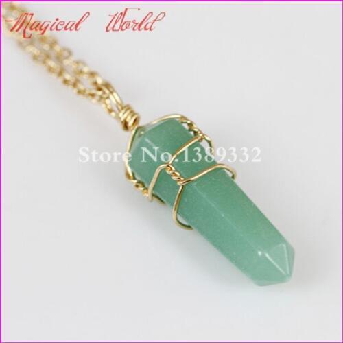 1pcs Natural Gems Druzy Stone Pendant Necklace Gold Color Wire Wrapped Hexagonal Green Aventurine Point Quartz Pendant Necklace