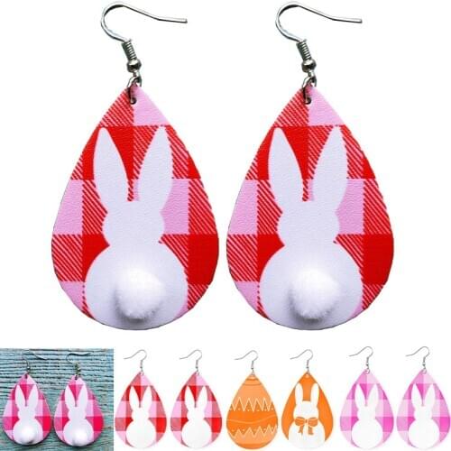 Easter Printed Plaid Leather Drop Earrings Rabbit Tail Hair Ball Creative Cute Ear Jewelry Gift