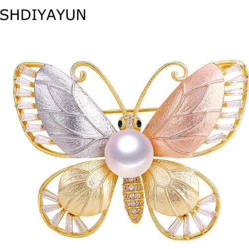 SHDIYAYUN 2019 Pearl Brooch For Women Frosted Butterfly Brooches Pins Natural Freshwater Pearl Fine Jewelry Italian Technology