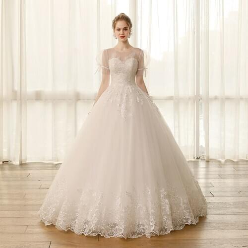 SL-6821 elegant wedding dress with puff sleeves bridal ball gowns lace appliques princess cheap wedding dresses for bride
