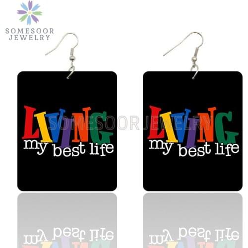 SOMESOOR Living My Best Life Printed Rectangle Wooden Drop Earrings I Am Black History Sayings Dangle Jewelry For Women Gifts