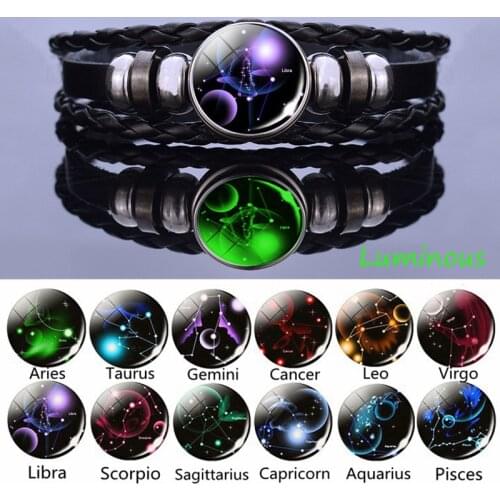 Luminous 12 Constellations Black Leather Bracelet Men Glass Cabochon Jewelry Leo Pisces Bracelets Glowing Bangle Birthday Gift