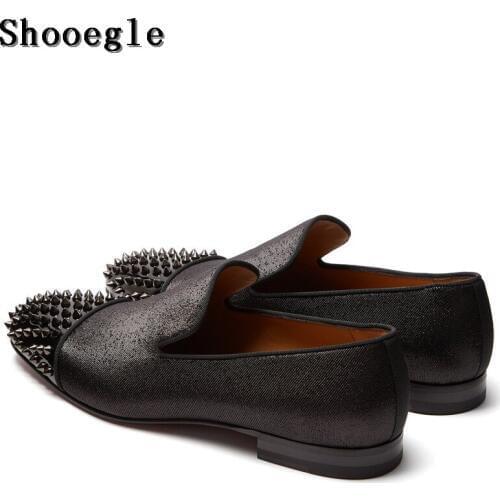 SHOOEGLE High Quality Black Men Spike Shoes Slip-on Sapatilhas Low Heeled Men Loafers Casual Zapatillas Hombre Cool Style Mens