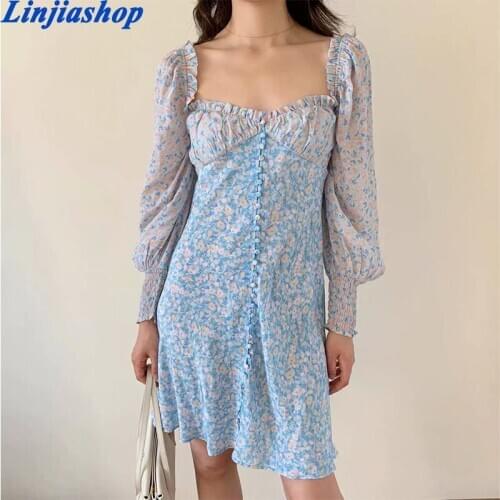 Vintage fashion autumn dress long sleeve buttons square collar slim floral print mini dress femme vestidos