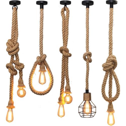 Vintage 1/2/3/4/5m long Hemp Rope Retro Loft Single Head Double Heads Industrial light Hanging Lamp Pendant Light Edison Lamp