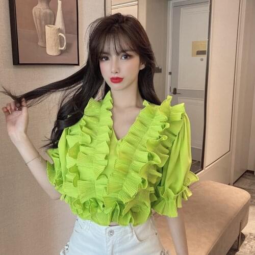 Patchwork Ruffle Shirt For Women Puff Sleeve V Neck Short Sleeve Elegant Blouse Female 2021 Summer Clothing Fashion Solid Tops