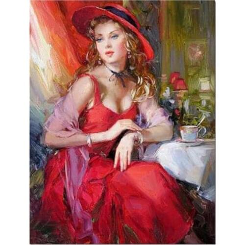 Embroidery Lady Diamond Painting Portrait Picture Rhinestone Mosaic Decoration Lady Wearing Hat WG2195