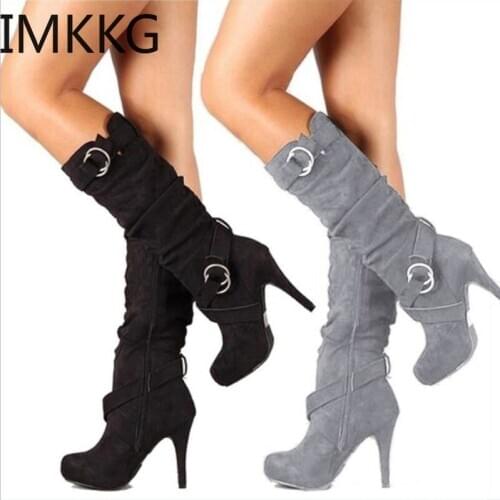 2020 Women Winter Flock Knee-High Boots Female Pointy Toe Thin Heel Long Boots Fashion Buckle Ladies Winter High Heeled Shoes