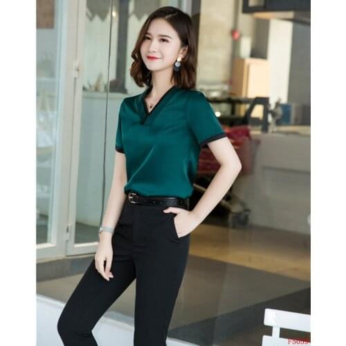 New 2019 Women Blouses & Shirts Short Sleeve Green Office Ladies 2 Piece Pant and Top Sets V-neck