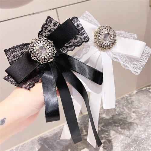 Lace Bowknot Bow Tie for Women Crystal Rhinestone Bowtie Necktie Brooches Shirt Collar Pin Uniform Business Jewelry Accessories