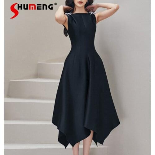 2021 Summer New European Black Butterfly Sleeveless High Waist Slim Irregular Swing Dress for Women