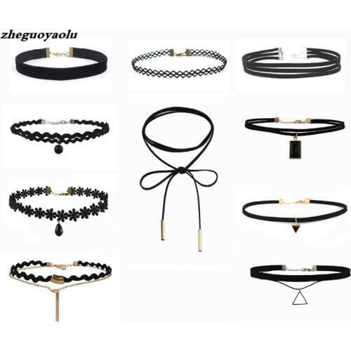 10 Pieces Best Offer New Fashion Women Black Rope Choker Necklace Set Velvet Stretch Classic Gothic Lace Choker Chain 1 Set