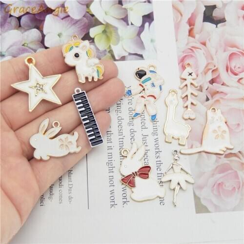 GraceAngie 10Pc Animals Charms for bracelet Enamel Star Dancer Horse Fish Bone Rabbit alloy Pendants necklace earring keychain