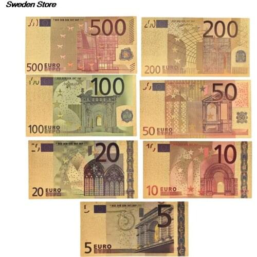 7pcs/lot 5 10 20 50 100 200 500 EUR Gold Banknotes in 24K Gold Fake Paper Money for Collection Euro Banknote Sets new