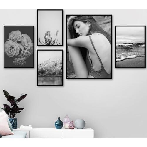 Black White Plant Flower Sea Fashion Girl Wall Art Canvas Painting Nordic Posters And Prints Wall Pictures For Living Room Decor
