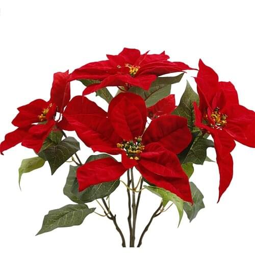 Artificial Poinsettia Floral Decoration Fake Flowers Head Bouquet New 4 Pack Home Décor Flannelette Outdoor Red Wedding Project