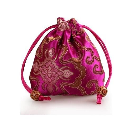 Chinese Vintage Silk Bag Jewelry Packaging Satin Mini Drawstring Pouch Round Bottom Floral Wedding Candy Gift Bags 50pcs/lot
