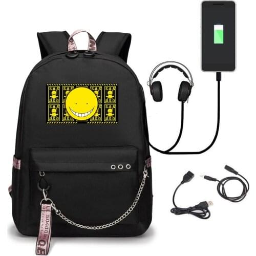 Assassination Classroom Printed USB Backpack With Chain Headphone Port School Bags Mochila Travel Laptop Bags