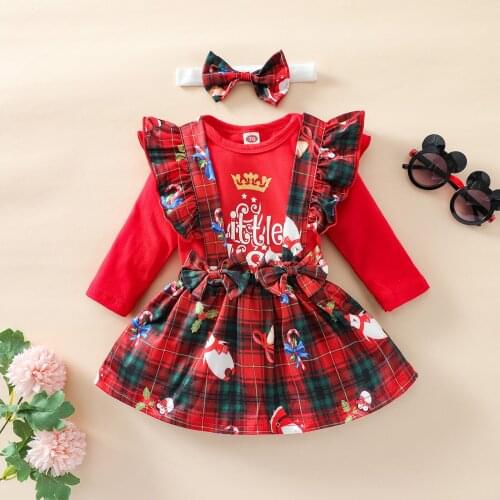 Christmas Clothes Sets Baby Girls Letter Print Long Sleeve O-Neck Playsuit+Plaid Overalls+Bowknot Headband 3pcs Outfits Set