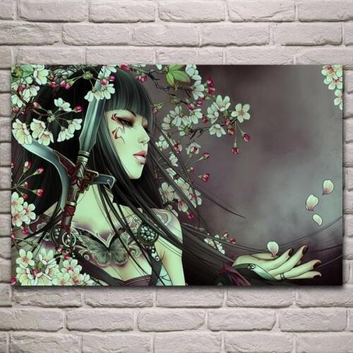 Beautiful sword girl with cool weapon flowers Living Room home wall modern art decor wood frame fabric Poster DM224