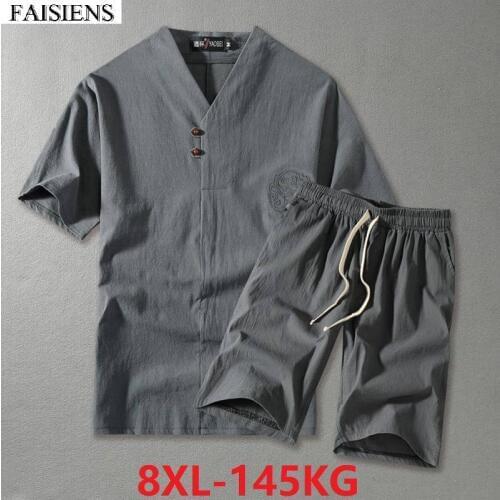 Summer Oversize Big Size 7XL 8XL 9XL Ment-Shirt And Shorts Vintage Tops Short Sleeve T Shirt V-Neck 62 66 64 68 Japan Style Tees