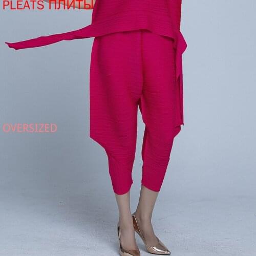 Fashion Slimming Miyake Folds New Womens High-waist Stretch-leg Pants Womens Nine-point Drape Straight-leg Pants PLEATS Ogger