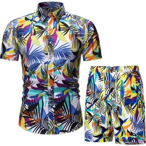 Mens Set Short Sleeve Hawaiian Shirt and Shorts Summer Casual Floral Shirt Beach 2 Piece Suit Party Holiday Vacation Men Sets