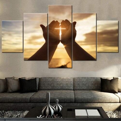Wall Crosses Decor Jesus Hands Prayer Paintings Wall Art for Living Room Christian Pictures 5 Piece Canvas Modern Home Decor