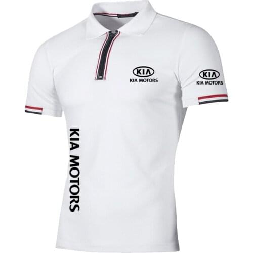 NEW Summer Mens short sleeve KIA Car Logo Printing High Quality Cotton Casual Solid color Striped Harajuku Mens clothes
